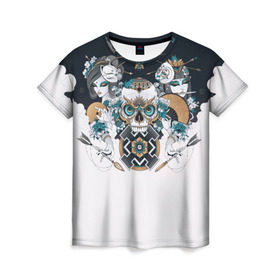 Женская футболка 3D с принтом SKULL JAPAN в Екатеринбурге, 100% полиэфир ( синтетическое хлопкоподобное полотно) | прямой крой, круглый вырез горловины, длина до линии бедер | arrow | skull | белый | девушка | линии | маски.кот | модные | небо | облако | синий | скелет | стимпанк | стрелы | череп | яркие