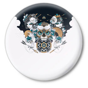 Значок с принтом SKULL JAPAN в Екатеринбурге,  металл | круглая форма, металлическая застежка в виде булавки | arrow | skull | белый | девушка | линии | маски.кот | модные | небо | облако | синий | скелет | стимпанк | стрелы | череп | яркие