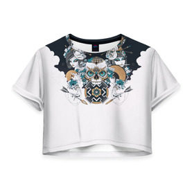 Женская футболка 3D укороченная с принтом SKULL JAPAN в Екатеринбурге, 100% полиэстер | круглая горловина, длина футболки до линии талии, рукава с отворотами | arrow | skull | белый | девушка | линии | маски.кот | модные | небо | облако | синий | скелет | стимпанк | стрелы | череп | яркие
