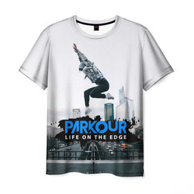Мужская футболка 3D с принтом parkour в Екатеринбурге, 100% полиэфир | прямой крой, круглый вырез горловины, длина до линии бедер | extreme | jumping | parkour | speed | urban | опасность | паркур | прыжки | риск | скорость | экстрим