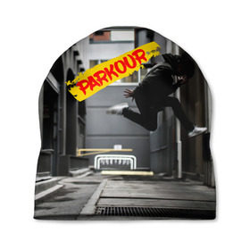 Шапка 3D с принтом parkour в Екатеринбурге, 100% полиэстер | универсальный размер, печать по всей поверхности изделия | extreme | jumping | parkour | speed | urban | опасность | паркур | прыжки | риск | скорость | экстрим