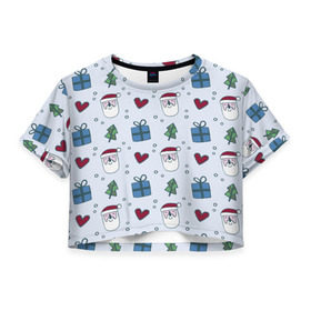 Женская футболка 3D укороченная с принтом Мастерская Деда Мороза в Екатеринбурге, 100% полиэстер | круглая горловина, длина футболки до линии талии, рукава с отворотами | дед мороз | елка | новый год | подарок | снег