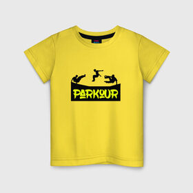 Детская футболка хлопок с принтом parkour в Екатеринбурге, 100% хлопок | круглый вырез горловины, полуприлегающий силуэт, длина до линии бедер | Тематика изображения на принте: extreme | jumping | parkour | speed | urban | опасность | паркур | прыжки | риск | скорость | экстрим