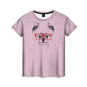 Женская футболка 3D с принтом Немецкий шпиц в очках в Екатеринбурге, 100% полиэфир ( синтетическое хлопкоподобное полотно) | прямой крой, круглый вырез горловины, длина до линии бедер | домашние животные | пес | собака