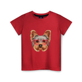 Детская футболка хлопок с принтом Йоркширский терьер в очках сердечках в Екатеринбурге, 100% хлопок | круглый вырез горловины, полуприлегающий силуэт, длина до линии бедер | домашние животные | пес | собака | терьер