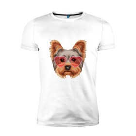 Мужская футболка премиум с принтом Йоркширский терьер в очках сердечках в Екатеринбурге, 92% хлопок, 8% лайкра | приталенный силуэт, круглый вырез ворота, длина до линии бедра, короткий рукав | домашние животные | пес | собака | терьер