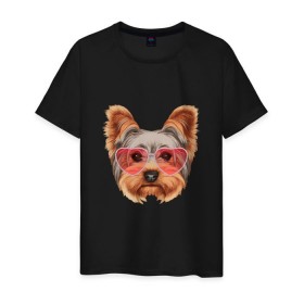 Мужская футболка хлопок с принтом Йоркширский терьер в очках сердечках в Екатеринбурге, 100% хлопок | прямой крой, круглый вырез горловины, длина до линии бедер, слегка спущенное плечо. | домашние животные | пес | собака | терьер