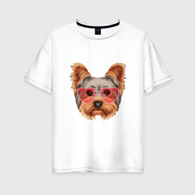 Женская футболка хлопок Oversize с принтом Йоркширский терьер в очках сердечках в Екатеринбурге, 100% хлопок | свободный крой, круглый ворот, спущенный рукав, длина до линии бедер
 | домашние животные | пес | собака | терьер