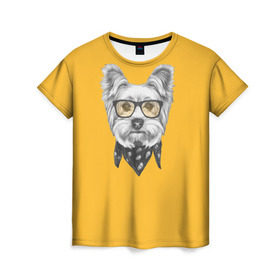 Женская футболка 3D с принтом Йоркширский терьер_в очках в Екатеринбурге, 100% полиэфир ( синтетическое хлопкоподобное полотно) | прямой крой, круглый вырез горловины, длина до линии бедер | домашние животные | пес | собака | терьер