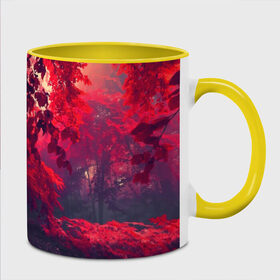 Кружка 3D с принтом Мрачный лес в Екатеринбурге, керамика | ёмкость 330 мл | вечер | времена | время | года | дерево | деревья | живой | закат | красный | куст | кусты | лес | листья | мир | осень | природа | фауна | флора | черный