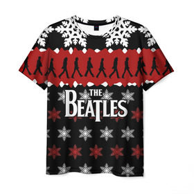 Мужская футболка 3D с принтом Праздничный The Beatles в Екатеринбурге, 100% полиэфир | прямой крой, круглый вырез горловины, длина до линии бедер | beatles | the beatles | бител | битлз | битлс | битлы | группа | джон леннон | джордж харрисон | жуки | знак | красный | ливерпульская четвёрка | мерсибит | надпись | новогодний | новый год | пол маккартни | поп