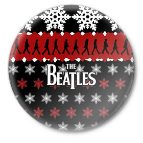 Значок с принтом Праздничный The Beatles в Екатеринбурге,  металл | круглая форма, металлическая застежка в виде булавки | beatles | the beatles | бител | битлз | битлс | битлы | группа | джон леннон | джордж харрисон | жуки | знак | красный | ливерпульская четвёрка | мерсибит | надпись | новогодний | новый год | пол маккартни | поп