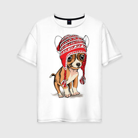 Женская футболка хлопок Oversize с принтом Чихуахуа в шапочке в Екатеринбурге, 100% хлопок | свободный крой, круглый ворот, спущенный рукав, длина до линии бедер
 | домашние животные | пес | песик | собака | собачка | чихуахуа