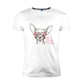 Мужская футболка премиум с принтом Чихуахуа в розовых очках в Екатеринбурге, 92% хлопок, 8% лайкра | приталенный силуэт, круглый вырез ворота, длина до линии бедра, короткий рукав | домашние животные | пес | собака