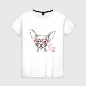 Женская футболка хлопок с принтом Чихуахуа в розовых очках в Екатеринбурге, 100% хлопок | прямой крой, круглый вырез горловины, длина до линии бедер, слегка спущенное плечо | домашние животные | пес | собака