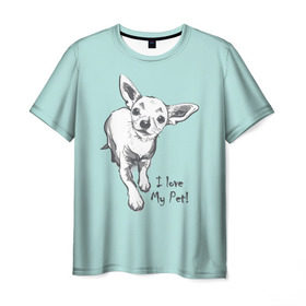 Мужская футболка 3D с принтом I love my pet в Екатеринбурге, 100% полиэфир | прямой крой, круглый вырез горловины, длина до линии бедер | домашние животные | пес | песик | собака | собачка | чихуахуа