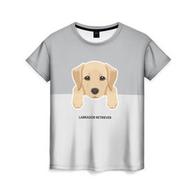 Женская футболка 3D с принтом Лабрадор щенок в Екатеринбурге, 100% полиэфир ( синтетическое хлопкоподобное полотно) | прямой крой, круглый вырез горловины, длина до линии бедер | домашние животные | лабрадор | пес | песик | ретривер | собака | собачка