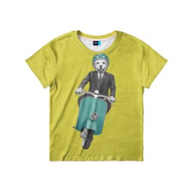 Детская футболка 3D с принтом Лабрадор на мотороллере в Екатеринбурге, 100% гипоаллергенный полиэфир | прямой крой, круглый вырез горловины, длина до линии бедер, чуть спущенное плечо, ткань немного тянется | 