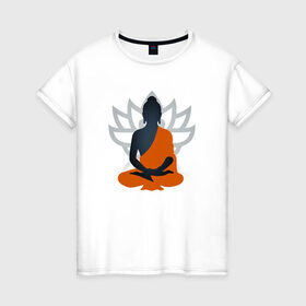 Женская футболка хлопок с принтом Лотос и Будда в Екатеринбурге, 100% хлопок | прямой крой, круглый вырез горловины, длина до линии бедер, слегка спущенное плечо | будда | буддизм | лотос | оранжевый | символ | цветок