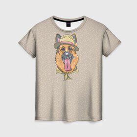 Женская футболка 3D с принтом Немецкая овчарка в шляпке в Екатеринбурге, 100% полиэфир ( синтетическое хлопкоподобное полотно) | прямой крой, круглый вырез горловины, длина до линии бедер | домашние животные | овчарка | пес | собака