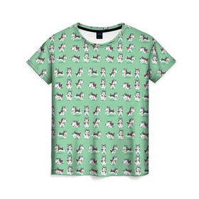 Женская футболка 3D с принтом Веселые хаски в Екатеринбурге, 100% полиэфир ( синтетическое хлопкоподобное полотно) | прямой крой, круглый вырез горловины, длина до линии бедер | домашние животные | пес | песик | собака | собачка | хаски