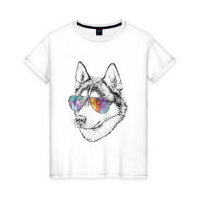 Женская футболка хлопок с принтом Хаски в очках в Екатеринбурге, 100% хлопок | прямой крой, круглый вырез горловины, длина до линии бедер, слегка спущенное плечо | бандит | домашние животные | пес | песик | собака | собачка | хаски | хаски бандит