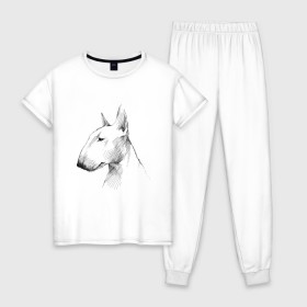 Женская пижама хлопок с принтом бультерьер графичный в Екатеринбурге, 100% хлопок | брюки и футболка прямого кроя, без карманов, на брюках мягкая резинка на поясе и по низу штанин | бультерьер | домашние животные | пес | песик | собака | собачка