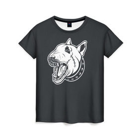 Женская футболка 3D с принтом Опасный бультерьер в Екатеринбурге, 100% полиэфир ( синтетическое хлопкоподобное полотно) | прямой крой, круглый вырез горловины, длина до линии бедер | домашние животные | пес | собака