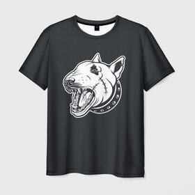 Мужская футболка 3D с принтом Опасный бультерьер в Екатеринбурге, 100% полиэфир | прямой крой, круглый вырез горловины, длина до линии бедер | домашние животные | пес | собака