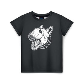 Детская футболка 3D с принтом Опасный бультерьер в Екатеринбурге, 100% гипоаллергенный полиэфир | прямой крой, круглый вырез горловины, длина до линии бедер, чуть спущенное плечо, ткань немного тянется | Тематика изображения на принте: домашние животные | пес | собака