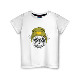 Детская футболка хлопок с принтом Мопсик в шапочке в Екатеринбурге, 100% хлопок | круглый вырез горловины, полуприлегающий силуэт, длина до линии бедер | домашние животные | пес | собака | хипстер