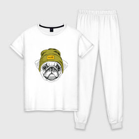 Женская пижама хлопок с принтом Мопсик в шапочке в Екатеринбурге, 100% хлопок | брюки и футболка прямого кроя, без карманов, на брюках мягкая резинка на поясе и по низу штанин | домашние животные | пес | собака | хипстер