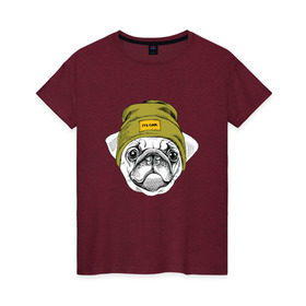 Женская футболка хлопок с принтом Мопсик в шапочке в Екатеринбурге, 100% хлопок | прямой крой, круглый вырез горловины, длина до линии бедер, слегка спущенное плечо | домашние животные | пес | собака | хипстер