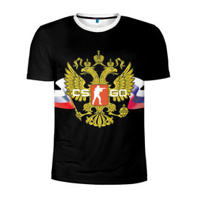 Мужская футболка 3D спортивная с принтом CS GO RUSSIAN TEAM в Екатеринбурге, 100% полиэстер с улучшенными характеристиками | приталенный силуэт, круглая горловина, широкие плечи, сужается к линии бедра | Тематика изображения на принте: global offensive | герб | россия | флаг