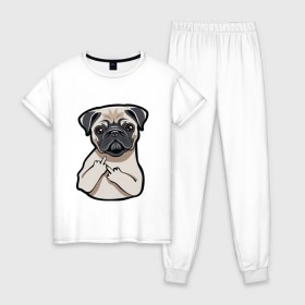 Женская пижама хлопок с принтом Злой мопс в Екатеринбурге, 100% хлопок | брюки и футболка прямого кроя, без карманов, на брюках мягкая резинка на поясе и по низу штанин | Тематика изображения на принте: домашние животные | мопс | пес | песик | собака | собачка