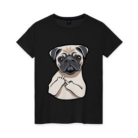 Женская футболка хлопок с принтом Злой мопс в Екатеринбурге, 100% хлопок | прямой крой, круглый вырез горловины, длина до линии бедер, слегка спущенное плечо | Тематика изображения на принте: домашние животные | мопс | пес | песик | собака | собачка