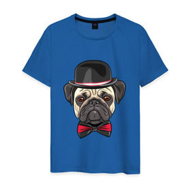 Мужская футболка хлопок с принтом Мопсик в цилиндре в Екатеринбурге, 100% хлопок | прямой крой, круглый вырез горловины, длина до линии бедер, слегка спущенное плечо. | Тематика изображения на принте: домашние животные | мопс | пес | песик | собака | собачка
