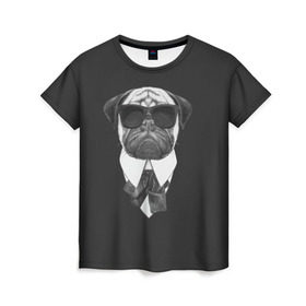 Женская футболка 3D с принтом Мопс в черном в Екатеринбурге, 100% полиэфир ( синтетическое хлопкоподобное полотно) | прямой крой, круглый вырез горловины, длина до линии бедер | домашние животные | мопс | пес | песик | собака | собачка