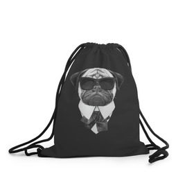 Рюкзак-мешок 3D с принтом Мопс в черном в Екатеринбурге, 100% полиэстер | плотность ткани — 200 г/м2, размер — 35 х 45 см; лямки — толстые шнурки, застежка на шнуровке, без карманов и подкладки | Тематика изображения на принте: домашние животные | мопс | пес | песик | собака | собачка