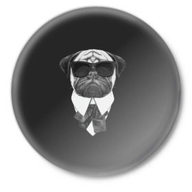 Значок с принтом Мопс в черном в Екатеринбурге,  металл | круглая форма, металлическая застежка в виде булавки | Тематика изображения на принте: домашние животные | мопс | пес | песик | собака | собачка