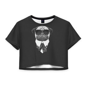 Женская футболка 3D укороченная с принтом Мопс в черном в Екатеринбурге, 100% полиэстер | круглая горловина, длина футболки до линии талии, рукава с отворотами | домашние животные | мопс | пес | песик | собака | собачка