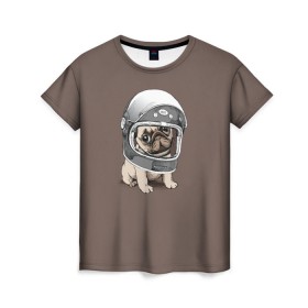 Женская футболка 3D с принтом Мопсик в скафандре в Екатеринбурге, 100% полиэфир ( синтетическое хлопкоподобное полотно) | прямой крой, круглый вырез горловины, длина до линии бедер | домашние животные | мопс | пес | песик | собака | собачка