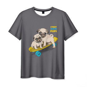 Мужская футболка 3D с принтом Street skate PUPS в Екатеринбурге, 100% полиэфир | прямой крой, круглый вырез горловины, длина до линии бедер | Тематика изображения на принте: домашние животные | мопс | пес | песик | собака | собачка
