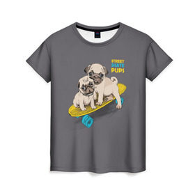Женская футболка 3D с принтом Street skate PUPS в Екатеринбурге, 100% полиэфир ( синтетическое хлопкоподобное полотно) | прямой крой, круглый вырез горловины, длина до линии бедер | Тематика изображения на принте: домашние животные | мопс | пес | песик | собака | собачка