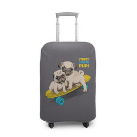Чехол для чемодана 3D с принтом Street skate PUPS в Екатеринбурге, 86% полиэфир, 14% спандекс | двустороннее нанесение принта, прорези для ручек и колес | Тематика изображения на принте: домашние животные | мопс | пес | песик | собака | собачка
