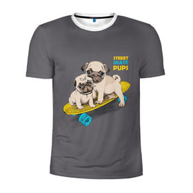 Мужская футболка 3D спортивная с принтом Street skate PUPS в Екатеринбурге, 100% полиэстер с улучшенными характеристиками | приталенный силуэт, круглая горловина, широкие плечи, сужается к линии бедра | Тематика изображения на принте: домашние животные | мопс | пес | песик | собака | собачка