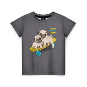 Детская футболка 3D с принтом Street skate PUPS в Екатеринбурге, 100% гипоаллергенный полиэфир | прямой крой, круглый вырез горловины, длина до линии бедер, чуть спущенное плечо, ткань немного тянется | Тематика изображения на принте: домашние животные | мопс | пес | песик | собака | собачка