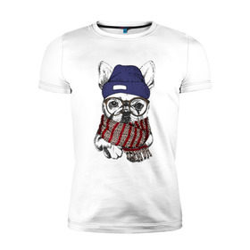 Мужская футболка премиум с принтом Бултдог в шарфике в Екатеринбурге, 92% хлопок, 8% лайкра | приталенный силуэт, круглый вырез ворота, длина до линии бедра, короткий рукав | бульдог | домашние животные | пес | песик | собака | собачка | французский бульдог