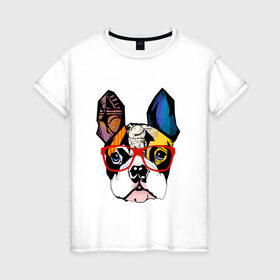 Женская футболка хлопок с принтом Лоскутный мопс в Екатеринбурге, 100% хлопок | прямой крой, круглый вырез горловины, длина до линии бедер, слегка спущенное плечо | бульдог | домашние животные | пес | песик | собака | собачка | французский бульдог