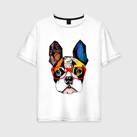 Женская футболка хлопок Oversize с принтом Лоскутный бульдог в Екатеринбурге, 100% хлопок | свободный крой, круглый ворот, спущенный рукав, длина до линии бедер
 | Тематика изображения на принте: бульдог | домашние животные | пес | песик | собака | собачка | французский бульдог